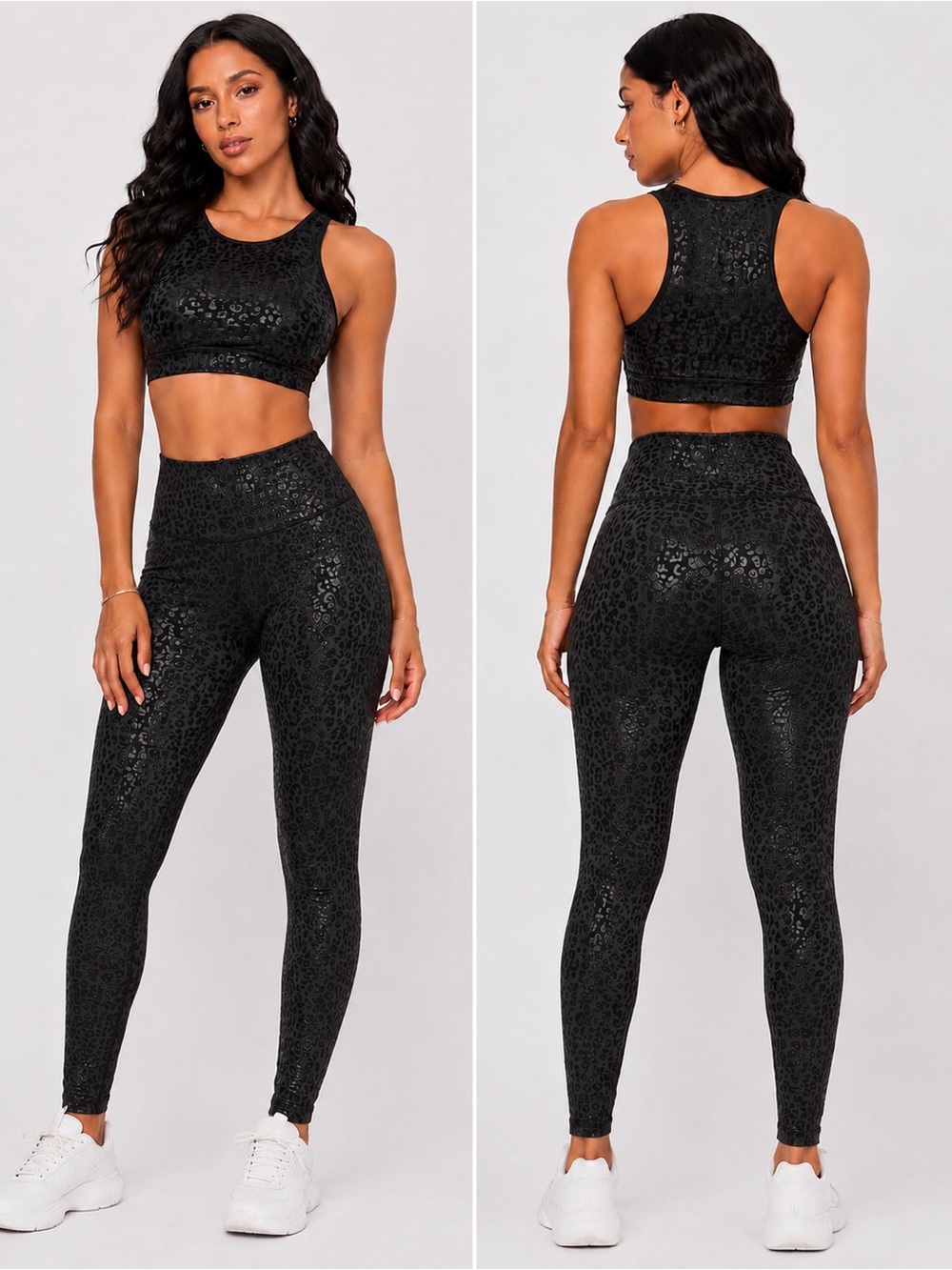 High-Rise Black Leopard Texture Leggings & Crop Top Set